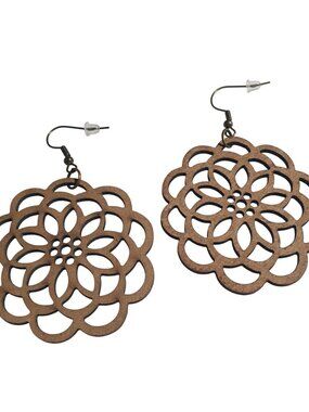 Cutout Floral Dangle Earrings Lightweight Chipboard Boho Intricate Brown Hook